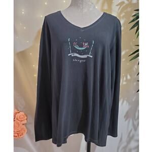 Life is Good Ski Hammock Classic Fit V Neck Long Sleeve Tee Womens Size XXL Top